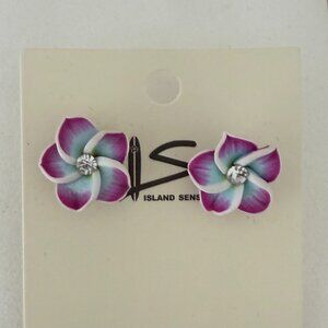 🌸 Island Sense Handcrafted Fimo Flower Earrings – Purple, White & Teal 🌸